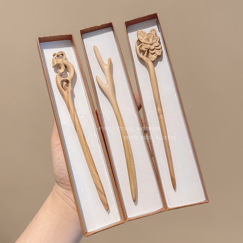 手工鹿角桃木发簪成品高级感古风木簪女简约现代木质簪子发钗夏天_虎窝淘