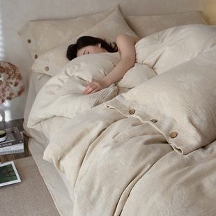 全棉亚麻双层纱四件套棉麻纯棉床单被套床笠款长绒棉纽扣款床品