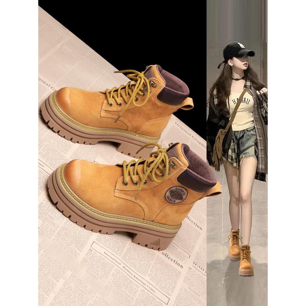 品牌特价真皮马丁靴女2025春秋新款厚底大黄靴小个子英伦风内短靴