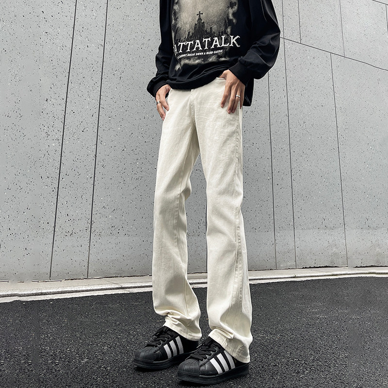 白色微喇牛仔裤男生vibe夏款直筒cleanfit美式修身高街长裤子弹力