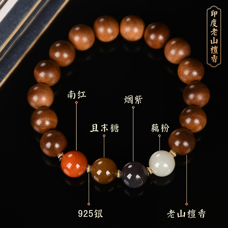 印度老山檀香横纹黑肉正圆10mm搭配烟紫南红藕粉烟紫手串念珠佛珠