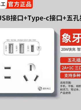 国际电工86型20W快充USB插座开关面板墙壁手机充电Type-c家用五孔