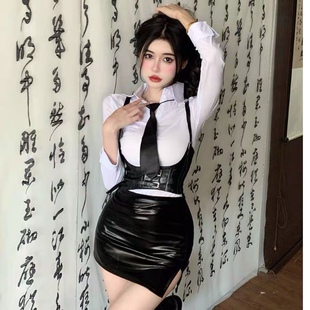 腰封吊带背心高腰包臂半身裙 翻领百搭衬衫 纯欲秘书制服套装 女长袖