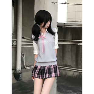 粉雾海/日系学院风JK制服穿搭无袖背心基础长袖衬衫叠穿格裙套装