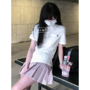 校园风夏季百搭POLO衫JK制服爆款少女清新白色polo衫收腰短袖上衣