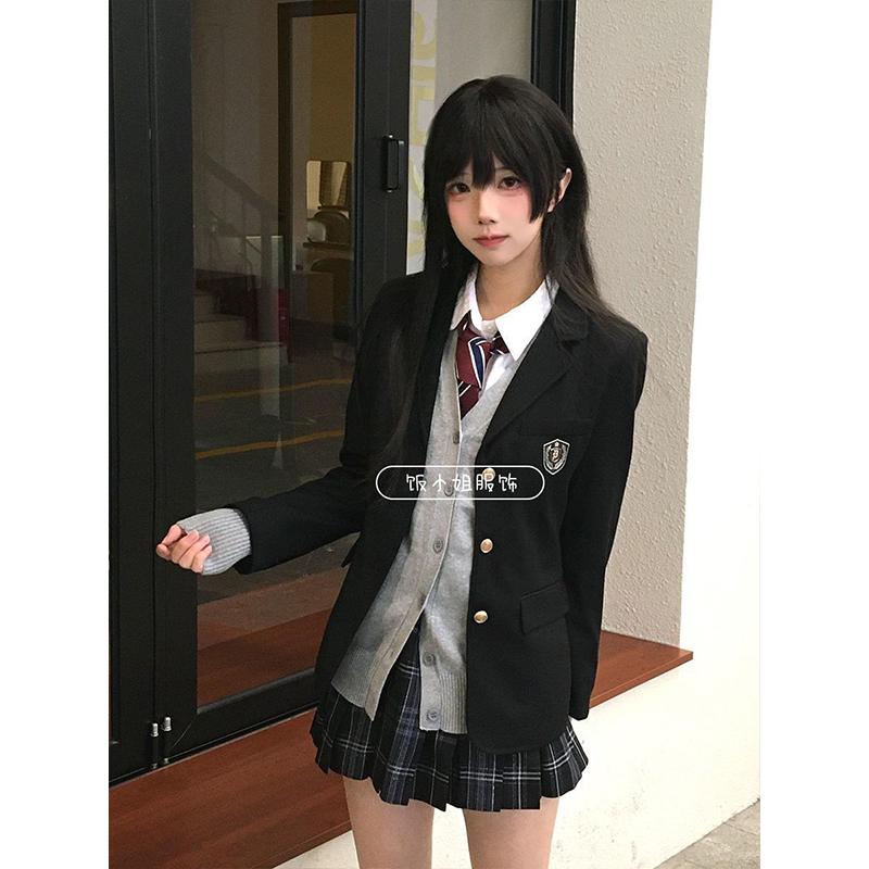 JK制服学院风黑色三粒扣西装外套秋冬款长袖开衫毛衣软妹上衣套装