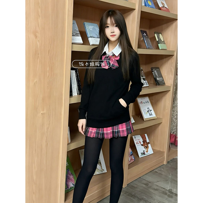 校供感jk制服原创穿搭纯色长袖宽松针织上衣女小玫格裙套装学院风