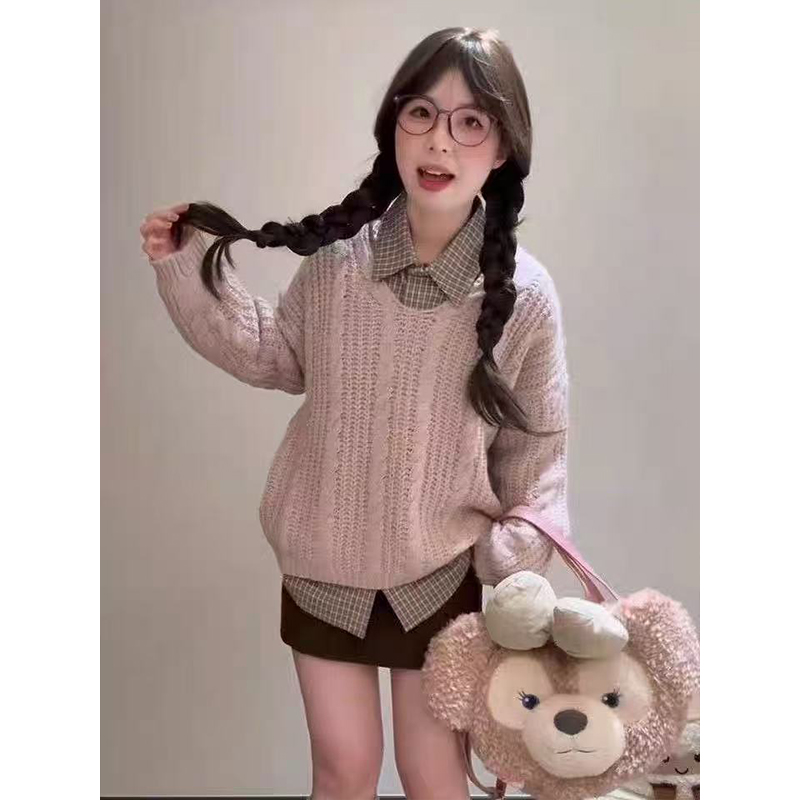 韩版复古纽花针织长袖毛衣女秋冬季叠穿百搭格纹衬衫上衣两件套装