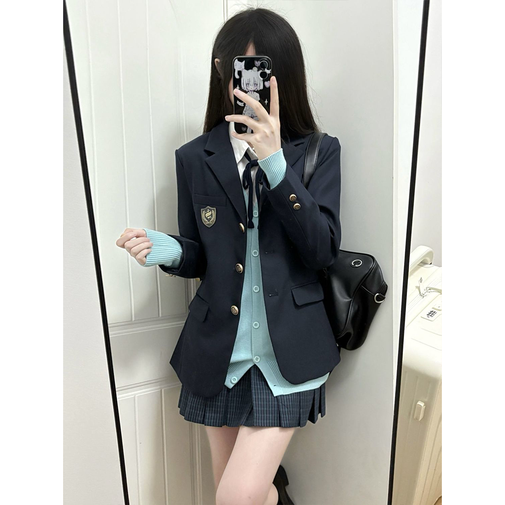 校供感穿搭百搭开衫毛衣学院风长海苔JK格裙套装日系长袖针织衫