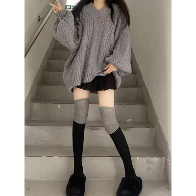 小众多巴胺色系V领麻花大毛衣慵懒学院秋冬宽松外穿针织上衣百搭