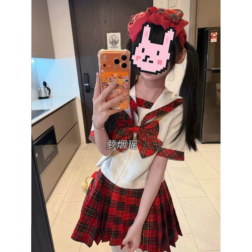 原创苏格兰水手服红格子JK格裙甜美学院风校供感穿搭短袖衬衫套装