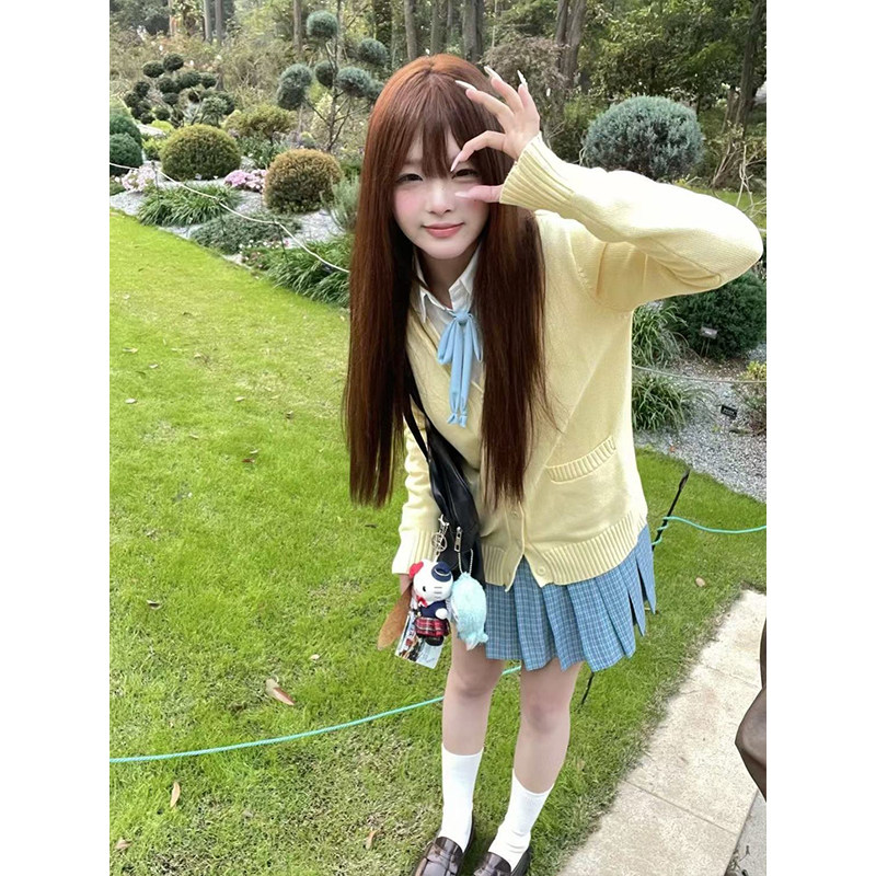 学院风V领针织开衫JK制服黄色毛衣基础款叠穿长袖上衣校供感穿搭