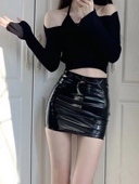 黑色漆皮pu半身裙女亮面秋季 性感辣妹a字高腰包臀短裙亮皮小皮裙
