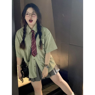日系可爱风条纹衬衫 POLO短袖 女小众百褶裙显瘦甜辣妹百搭ins套装