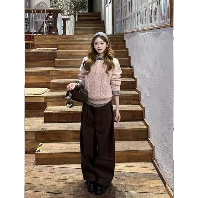 韩系圆领粉色麻花百搭毛衣女秋冬季宽松慵懒风高级感穿搭针织上衣