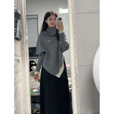 新款不规则斗篷高领针织衫套头毛衣宽松百搭秋冬半身裙单件套装潮