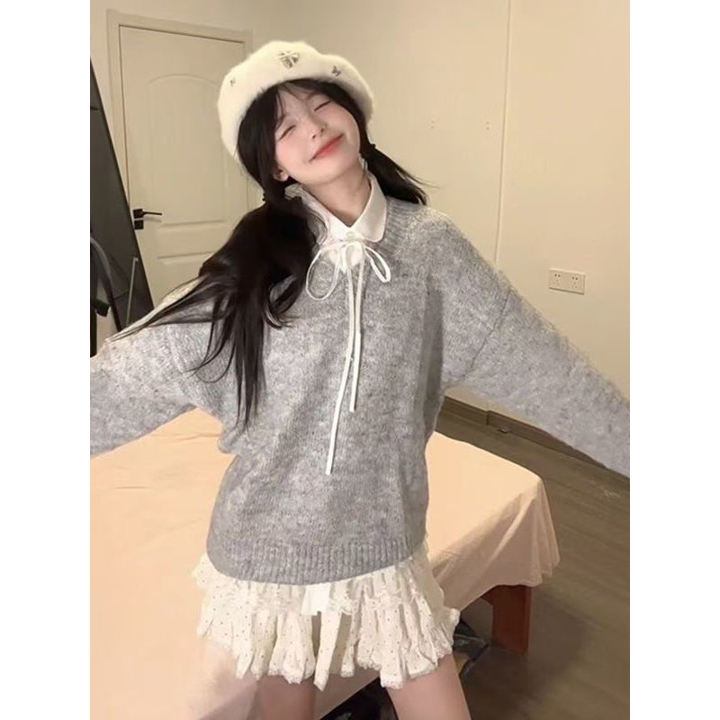 秋冬套装日系甜美蝴蝶结叠穿针织衫花灰毛衣叠穿基础款衬衫上衣女