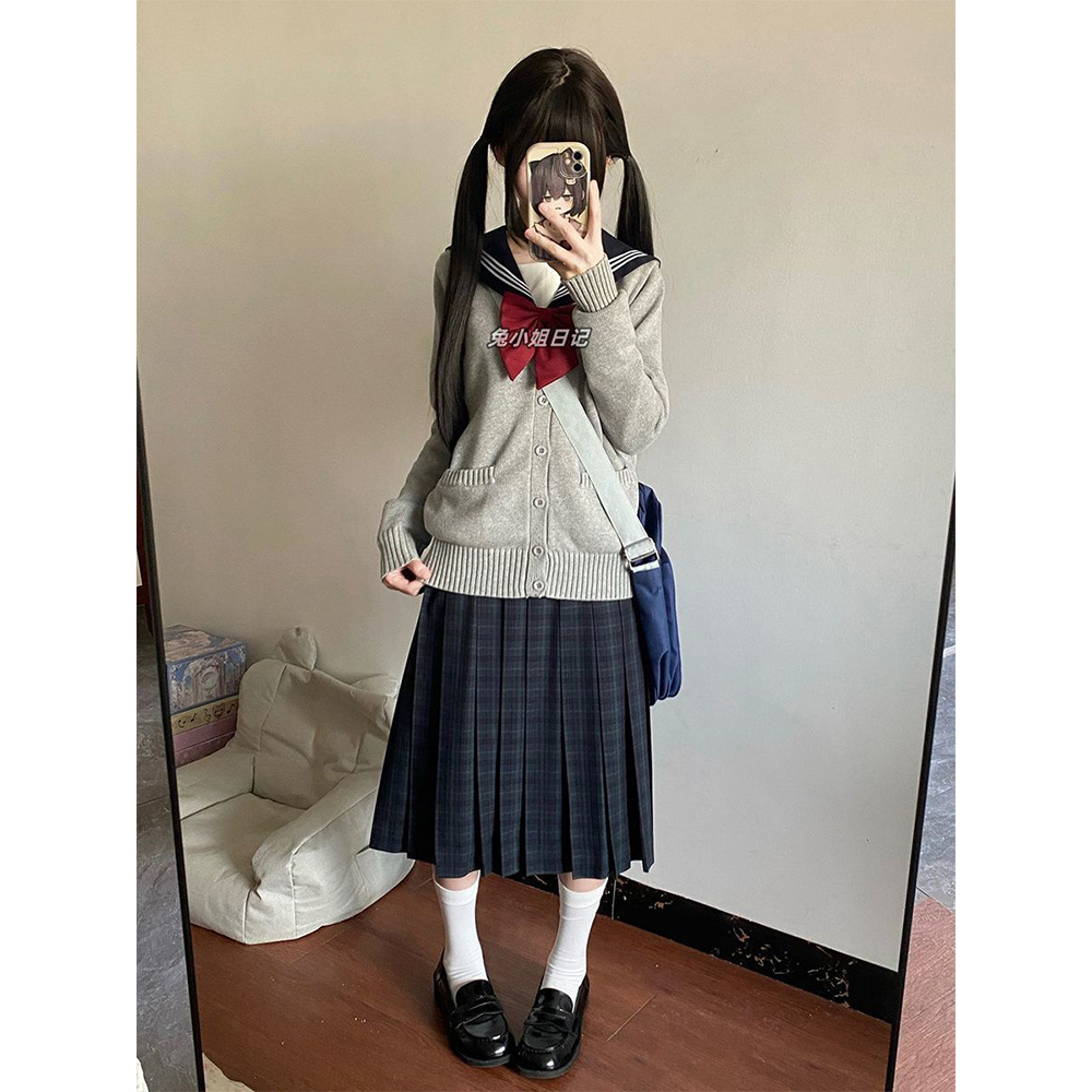 校供感海苔JK格裙长裙套装学院风毛衣开衫穿搭绀三本叠穿制服女