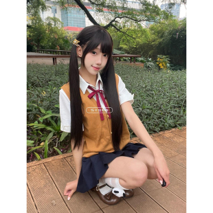 收腰绀色JK裙学院风一整套 马甲叠穿短袖 原创JK制服针织衫 棕色开衫
