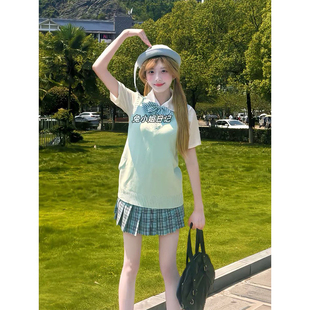 原创JK制服V领针织衫绿色背心马甲夏季薄款学院风上衣JK格裙套装