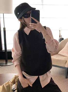 套装/两件韩版学院时尚少女风长秋季长袖POLO领衬衫+黑色背心马甲