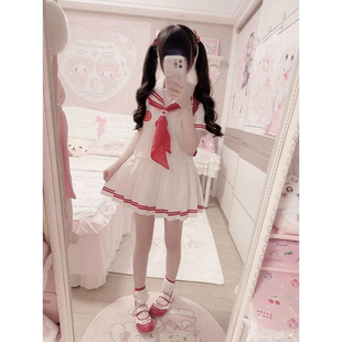 夏季日系jk制服草莓可爱学院风软妹红二本水手服上衣百褶裙套装女