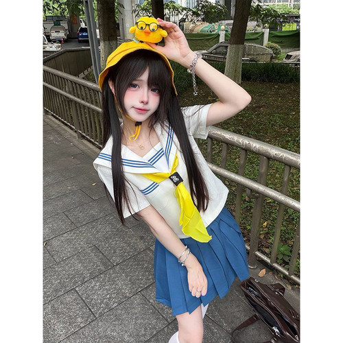 学院风海军领白领蓝长短袖衬衫校供感穿搭jk水手服JK裙日系一整套