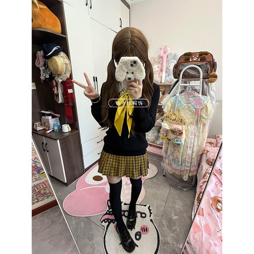 秋冬款JK制服日系学院风原创V领针织套头毛衣校供向日葵格裙套装