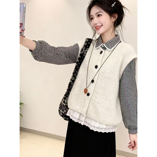 设计感日系早秋格子花边衬衫 小众原创上衣两件套 叠穿羊毛马甲时尚