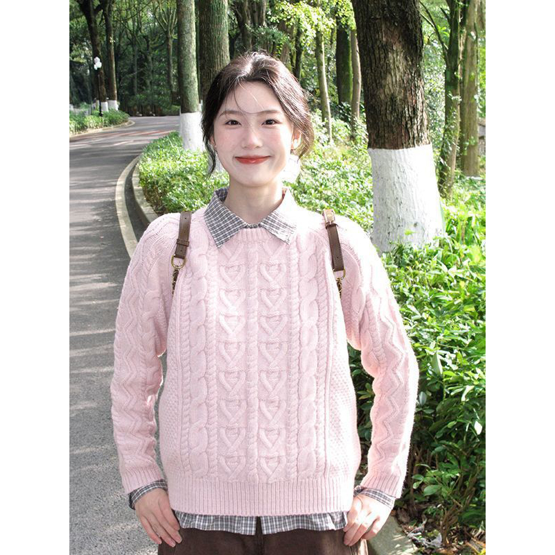 韩系温柔穿搭粉色圆领针织衫毛衣女内搭格纹长袖衬衫原创两件套装