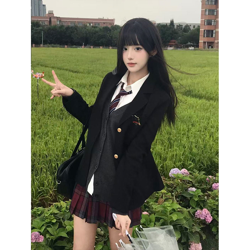 原创制服黑色西装外套学院校供感叠穿深灰开衫针织毛衣JK裙一整套