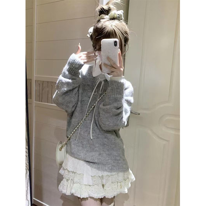 日系甜美小个子蝴蝶结刺绣针织毛衣秋冬系带时尚衬衫套装两件套