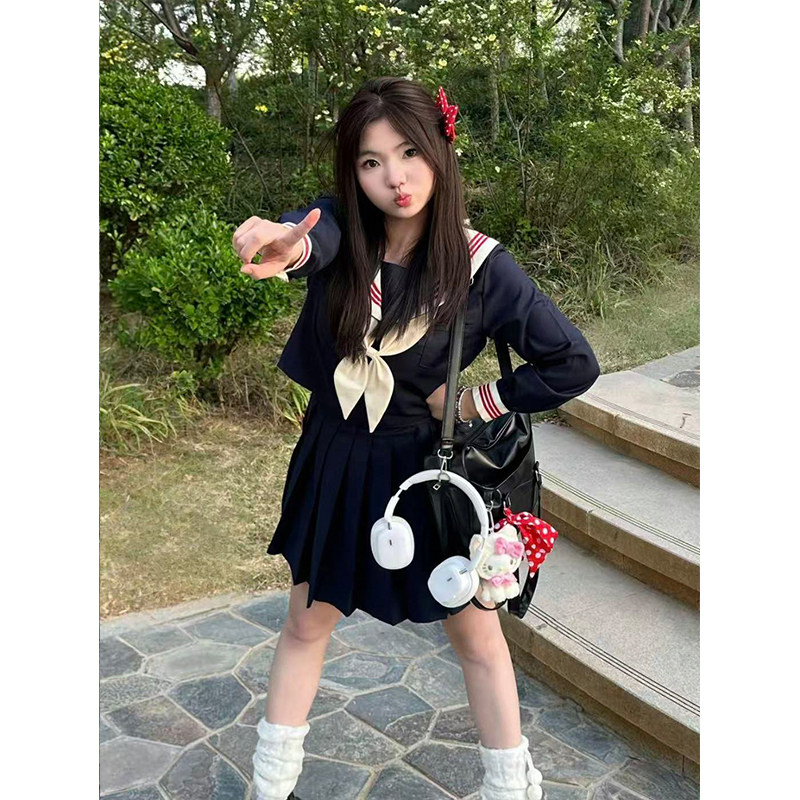 米黄领制服一整套装长短袖衬衫上衣中间水手服绀JK短裙学院风穿搭
