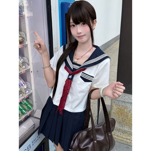 原创JK制服校供感白三本短袖衬衫学院风百搭百褶裙短裙日系套装女