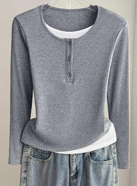 2025早秋新款假两件长袖t恤女士薄款内搭打底衫外穿时尚洋气上衣