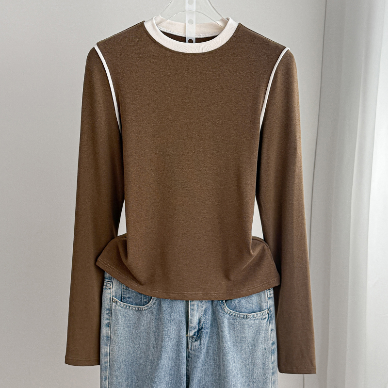 2025春秋新款德绒肌底衣圆领打底衫女秋冬内搭洋气长袖撞色上衣
