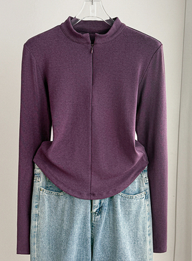 2025秋冬新款德绒设计感半高立领拉链打底衫女士内搭洋气长袖上衣