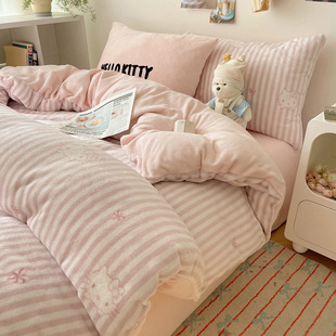 冬季kiity猫牛奶绒床上四件套双面加厚毛绒绒被套珊瑚法兰绒床单4