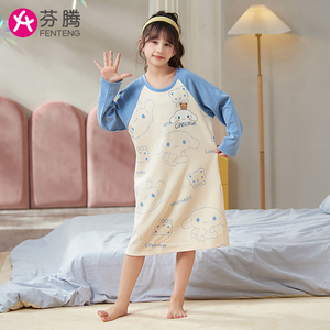 芬腾女童睡裙纯棉儿童睡衣长袖薄款中大童女孩2023新款春秋家居服