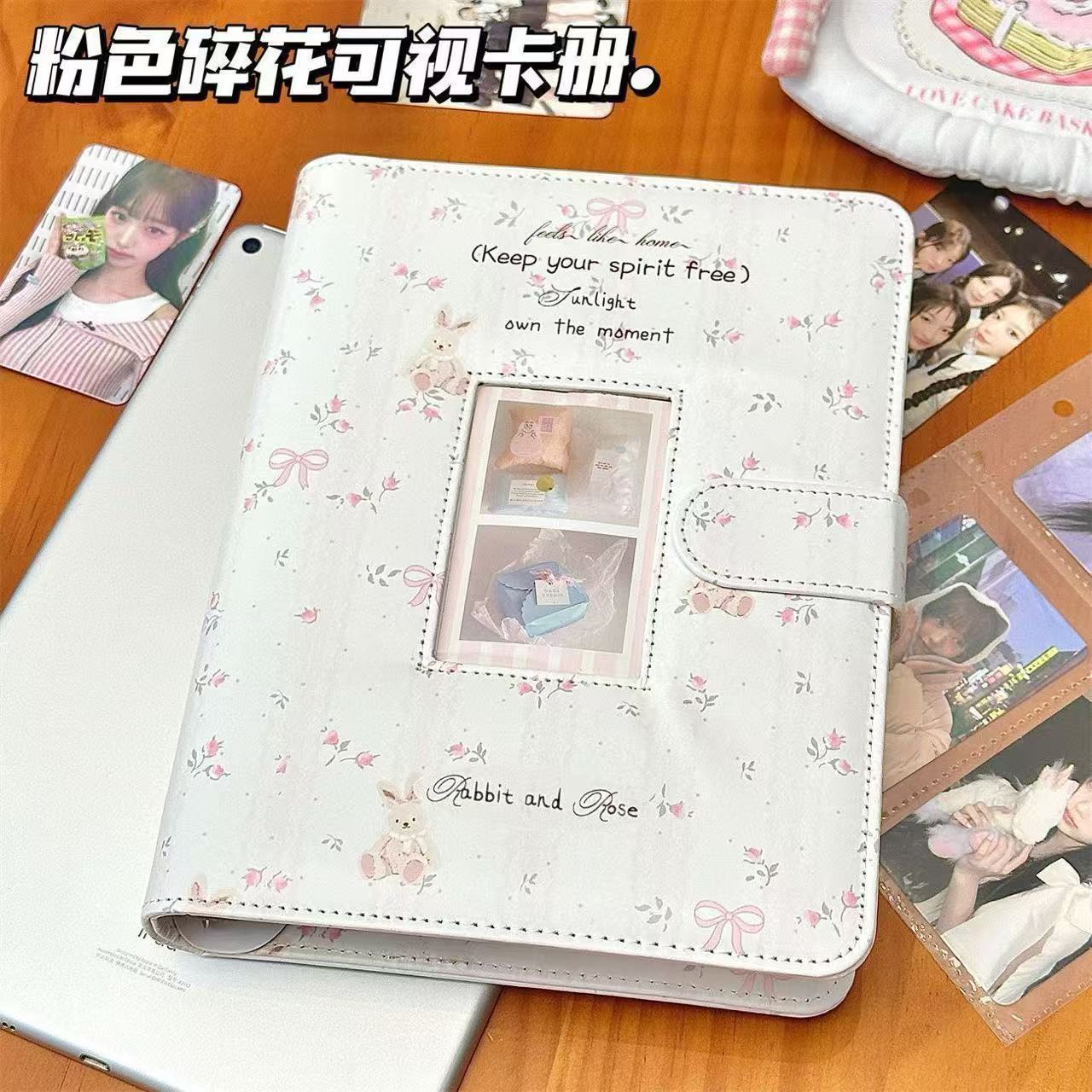 少女粉色碎花可视窗活页本照片收纳相册PU卡册A5四宫格小卡磁吸扣