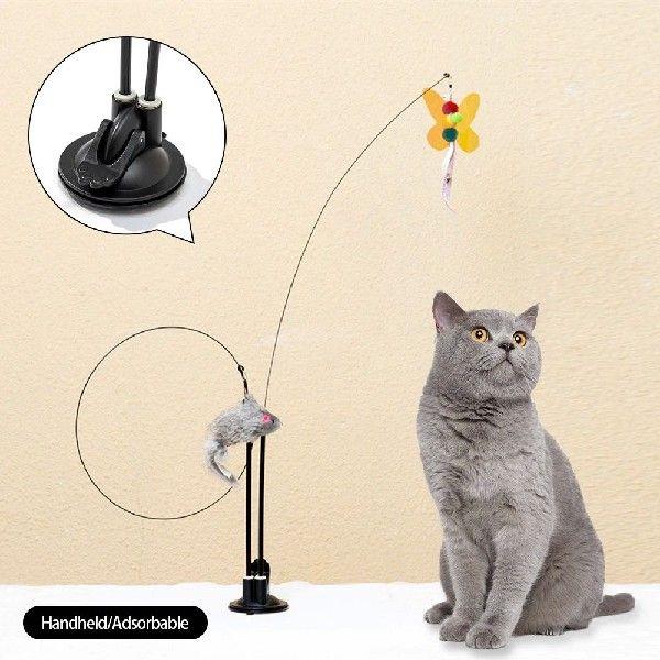 Cat 2 Head Feather Teaser Stick Suction Plate Set