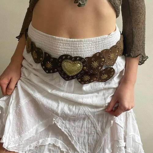 Brown Pinned Belt Y2k Accessories Decorated with White Love