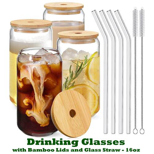 Drinking Glasses with Bamboo Lids and Glass Straw - 16oz