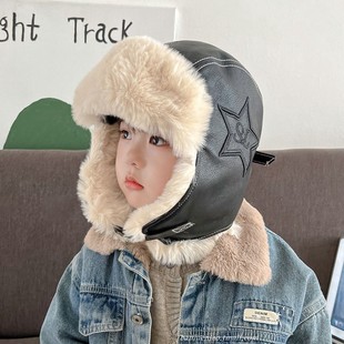 儿童帽子冬季加绒加厚皮质雷锋帽男童护耳防风大童骑行防寒保暖帽