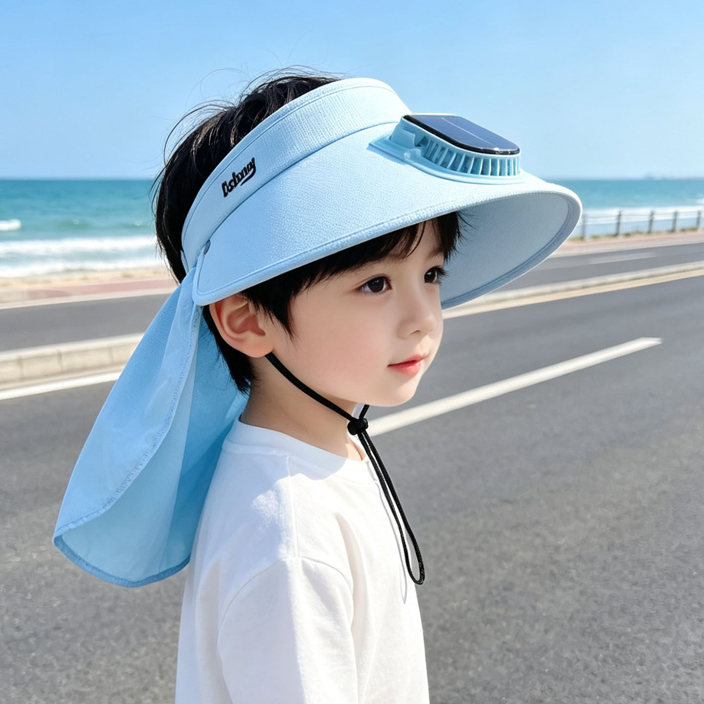 儿童帽子夏季空顶披肩帽太阳能风扇帽男女童户外防晒大帽檐遮阳帽