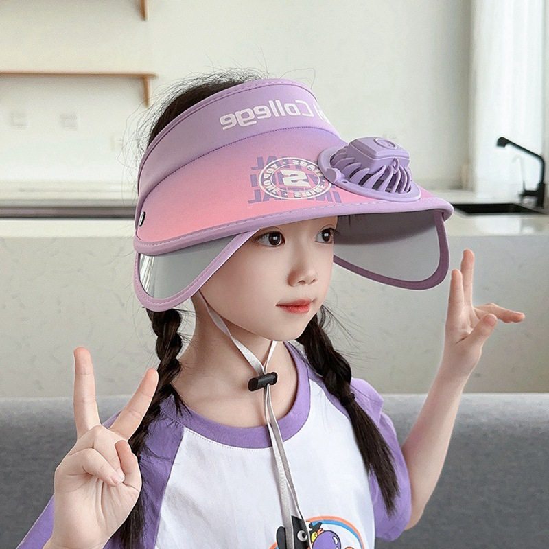 儿童防晒帽夏季男女童遮阳帽空顶大帽檐防紫外线太阳帽带风扇帽子