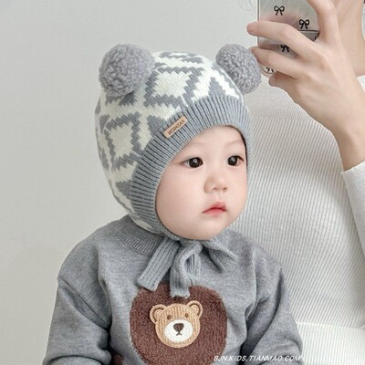 混纺套头帽可爱双球婴儿帽子秋冬