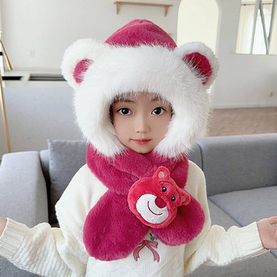 毛绒可爱卡通儿童帽子围巾一体帽