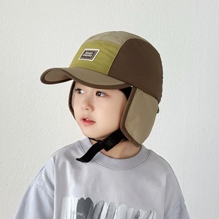 儿童加绒帽子秋冬季韩版拼色护耳鸭舌帽男女宝大童厚款保暖防风帽