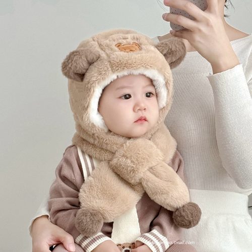 邦爵鸟毛绒帽护耳帽可爱小熊一体